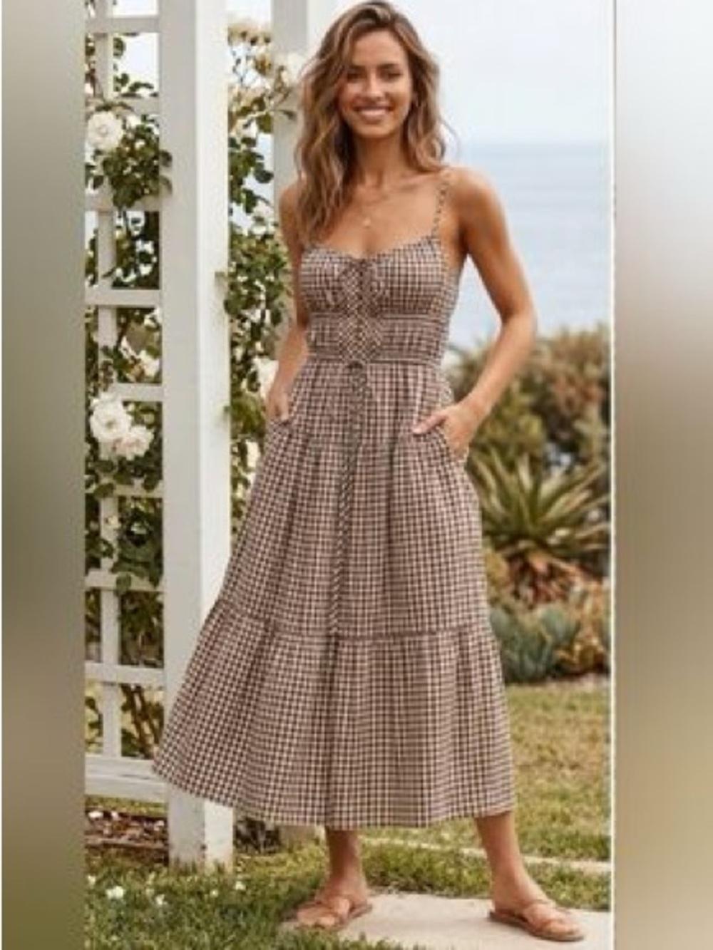 Cotton brown gingham dress